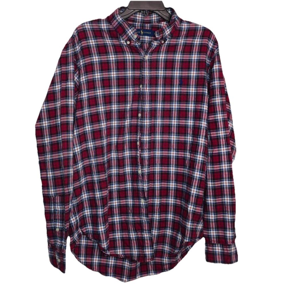 Polo Ralph Lauren Plaid‎ Shirt Mens L Long Sleeve Classic Fit Button Up Red Blue